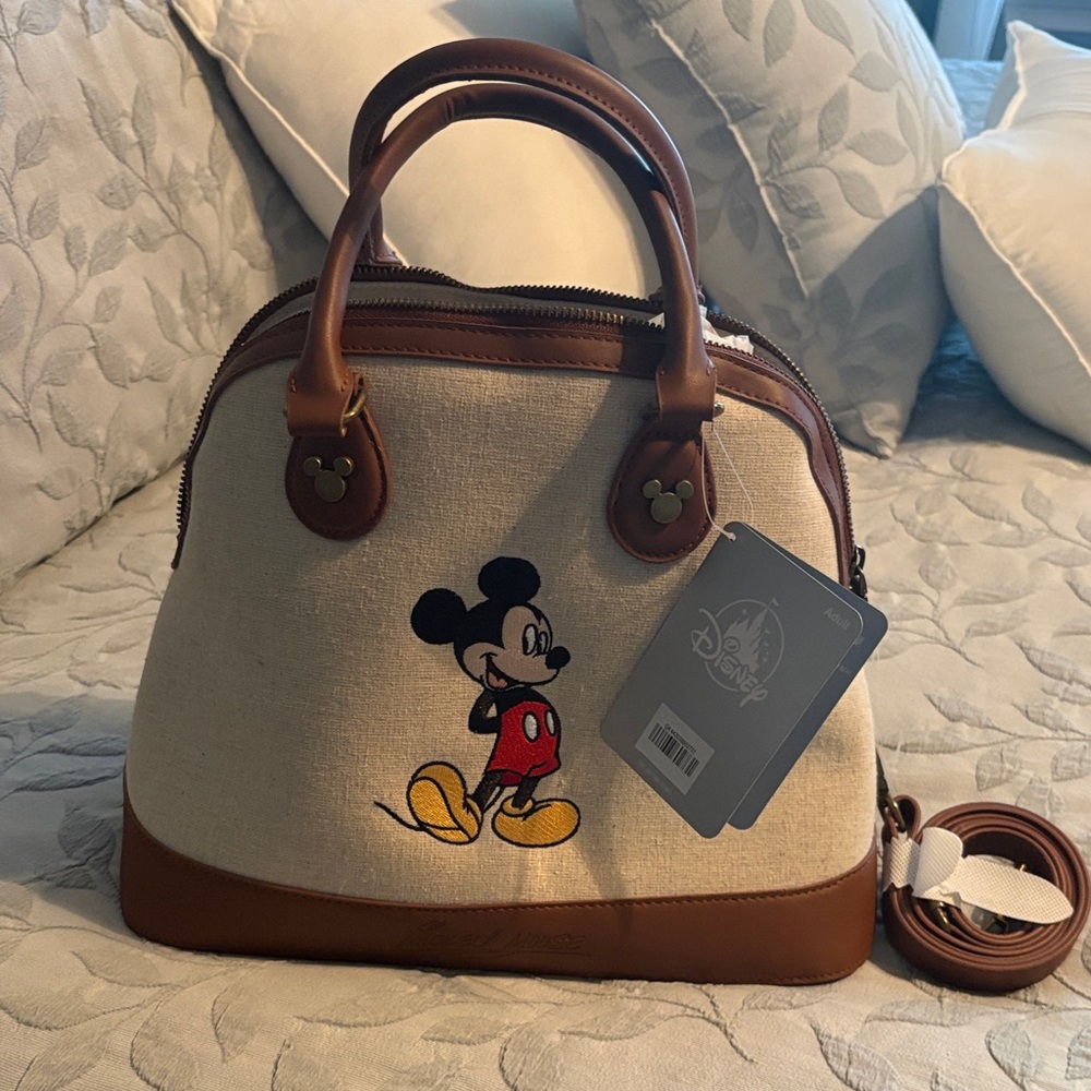 Disney Canvas Satchel in Cream and Brown with Mickey Embroidery